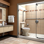 **Adapted Bathroom:** A bathroom equipped with grab bars near the toilet and in a roll-in shower, showcasing accessibility and safety features.