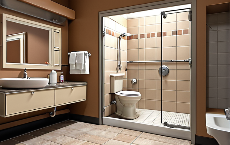 **Adapted Bathroom:** A bathroom equipped with grab bars near the toilet and in a roll-in shower, showcasing accessibility and safety features.