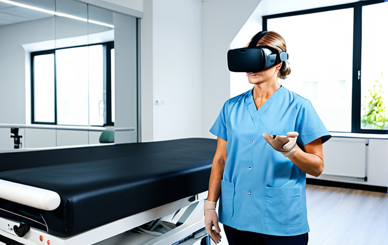 **

"A female physical therapist in a brightly lit, modern rehabilitation clinic, fully clothed in professional attire, using VR equipment with a patient. The patient is also fully clothed and engaged in a virtual rehabilitation exercise. Background includes medical equipment and a supportive environment. Safe for work, appropriate content, perfect anatomy, natural proportions, high quality, professional setting."

**