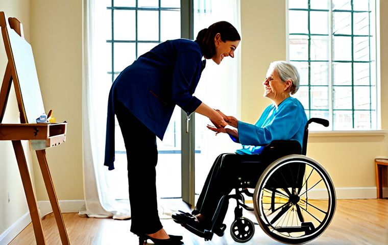 **

"A compassionate occupational therapist, fully clothed in professional attire, is carefully adjusting a specialized easel for a patient in a wheelchair. The patient, also fully clothed, is focused on painting. Sunlight streams through a window into the bright and cheerful rehabilitation room. Include adaptive art supplies within easy reach. Safe for work, appropriate content, professional setting, perfect anatomy, natural pose, family-friendly, well-formed hands, proper finger count, natural body proportions, high quality, safe environment."

**