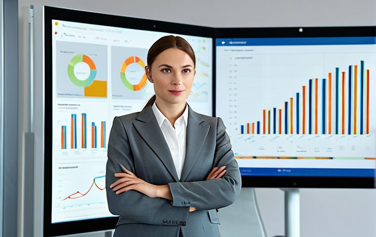 작업치료사의 재교육 필요성 - A businesswoman in a tailored gray pantsuit, confidently presenting data on a screen during a meetin...