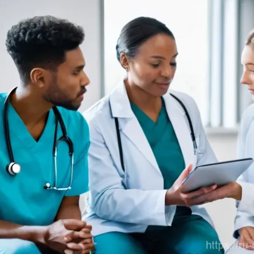 작업치료사의 팀 내 의사소통 기술 - **Prompt:** A diverse team of medical professionals, including a doctor, a physical therapist, and a...