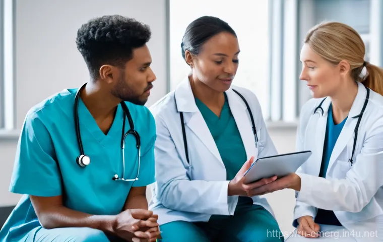 작업치료사의 팀 내 의사소통 기술 - **Prompt:** A diverse team of medical professionals, including a doctor, a physical therapist, and a...