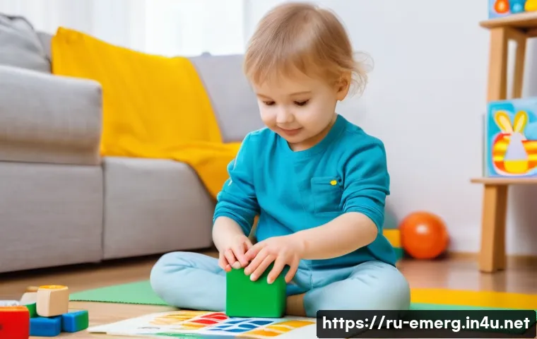 작업치료사의 치료 목표 관리 사례 - A warm and inviting occupational therapy session with a young Russian child wearing a diaper, engage...