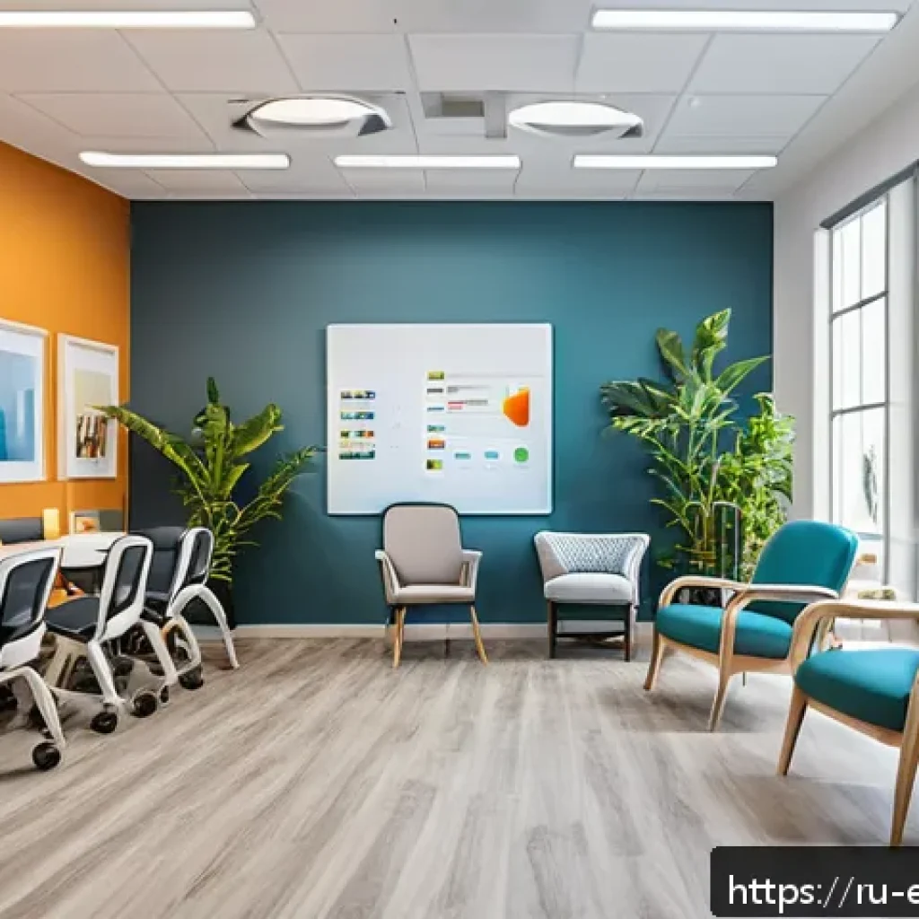 작업치료사로서의 효과적인 문제 해결법 - A modern occupational therapy clinic room with a bright, cozy atmosphere, featuring a diverse group ...