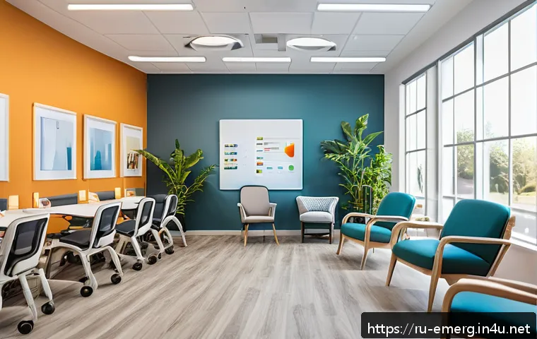 작업치료사로서의 효과적인 문제 해결법 - A modern occupational therapy clinic room with a bright, cozy atmosphere, featuring a diverse group ...