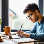 작업치료사의 자격증 시험 준비 성공 사례 - A focused young adult student sitting at a tidy wooden desk in a cozy, well-lit home study room with...