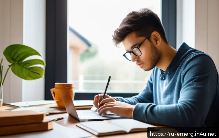 작업치료사의 자격증 시험 준비 성공 사례 - A focused young adult student sitting at a tidy wooden desk in a cozy, well-lit home study room with...