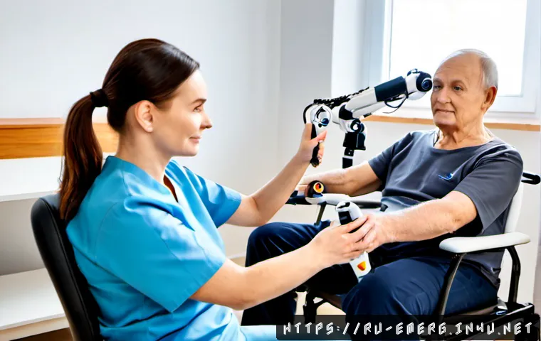 작업치료사의 의료기기 활용법 - Photorealistic occupational therapist assisting an older Russian adult in a bright modern rehabilita...