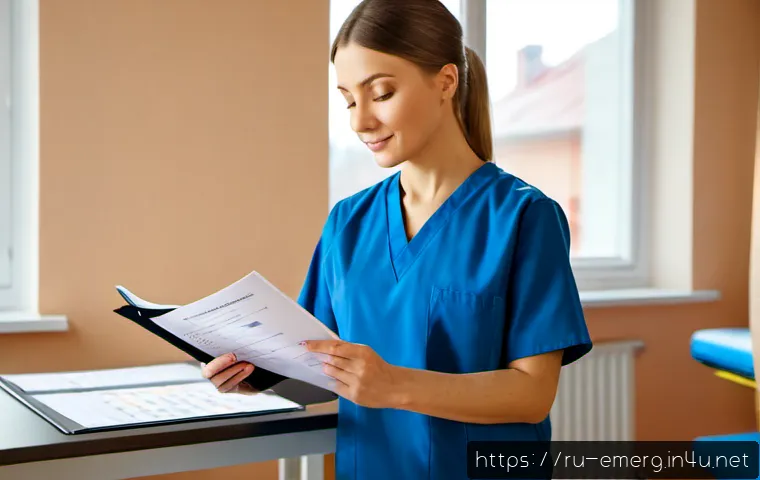 작업치료사의 자격증 유지 관리 성공 사례 연구 - Photorealistic occupational therapist in a modern Russian rehabilitation clinic, confidently reviewi...