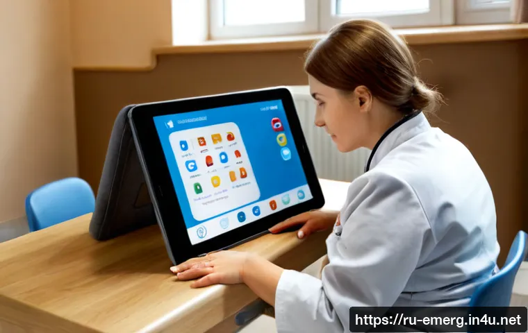 작업치료사에게 유용한 앱 추천 - Photorealistic occupational therapist in a modern Russian rehabilitation clinic, seated beside an ad...
