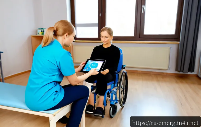 Home 17 작업치료사의 교육 기술 발전 - Photorealistic occupational therapy instructor in a modern Russian rehabilitation training center, g...